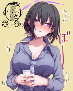 1boy 1girl black_hair blue_archive blush breasts cleavage commentary_request cup doodle_inset doodle_sensei_(blue_archive) dress_shirt drunk halo hasebe_akira holding holding_cup large_breasts looking_at_viewer loose_necktie mole mole_on_neck necktie parted_lips partially_open_shirt patterned_background purple_eyes purple_halo purple_necktie purple_shirt reaction_inset sensei_(blue_archive) shirt short_braid short_hair squeans straight-on subaru_(blue_archive) tongue tongue_out translation_request upper_body yellow_background