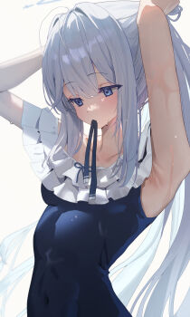 1girl absurdres adjusting_hair armpits arms_up blue_archive blue_halo blue_one-piece_swimsuit casual_one-piece_swimsuit commentary_request covered_navel expressionless frilled_one-piece_swimsuit frills hair_lift hair_tie_in_mouth halo highres long_hair madai_(mappy) miyako_(blue_archive) miyako_(swimsuit)_(blue_archive) mouth_hold off-shoulder_one-piece_swimsuit off_shoulder official_alternate_costume one-piece_swimsuit ribbon solo swimsuit tying_hair wet