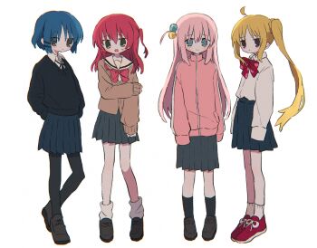 4girls ahoge arms_behind_back black_pantyhose black_ribbon black_shoes black_skirt black_sweater blonde_hair blue_eyes blue_hair blue_skirt blush bocchi_the_rock! bow bowtie brown_eyes brown_shirt chest_bow closed_mouth collared_jacket collared_shirt commentary cube_hair_ornament from_side full_body gotoh_hitori green_eyes hair_between_eyes hair_ornament hairclip half-closed_eyes hand_on_own_arm hand_up highres ijichi_nijika jacket kita_ikuyo long_hair long_sleeves looking_at_viewer loose_socks medium_hair miniskirt mole mole_under_eye multiple_girls neck_ribbon one_side_up open_mouth pantyhose parted_bangs pink_bow pink_hair pink_jacket pleated_skirt pocket polka_dot polka_dot_bow polka_dot_bowtie puffy_long_sleeves puffy_sleeves red_bow red_bowtie red_hair red_shoes ri_(qrcode) ribbon sailor_collar school_uniform shirt shoes short_hair side_ponytail sidelocks simple_background skirt socks standing sweatdrop sweater symbol-only_commentary track_jacket white_background white_ribbon white_shirt white_socks yamada_ryo yellow_eyes
