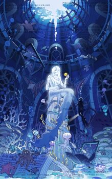 1girl 1other air_bubble ambiguous_gender breasts bubble chinese_commentary closed_eyes closed_mouth column commentary_request coral diving fish flashlight flashlight_beam flood hand_up highres holding holding_flashlight indoors jellyfish long_hair manta_ray mermaid mixed-language_commentary monster_girl octopus original pillar ruins scenery scuba_gear sea_turtle starfish statue too_many_watermarks turtle underwater wan_(rdnt5487) watermark white_hair