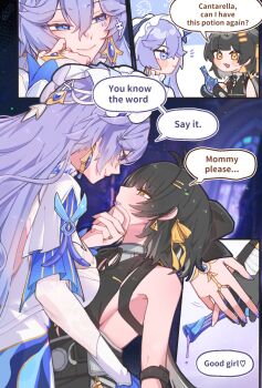 +++ 2girls black_bow black_gloves black_hair blue_eyes bow breasts cantarella_(wuthering_waves) closed_mouth commentary_request earrings english_text eye_contact facial_mark female_rover_(wuthering_waves) fingernails gloves hair_between_eyes hair_bow hair_ornament hair_ribbon hairclip hand_on_another&#039;s_chin headdress highres holding jewelry large_breasts long_hair looking_at_another mark_under_eye mole mole_under_eye multiple_girls nail_polish notice_lines parallel_hairclips parted_lips purple_hair purple_nails ribbon rover_(wuthering_waves) smile starblame triangle_earrings wuthering_waves yellow_eyes yellow_ribbon yuri