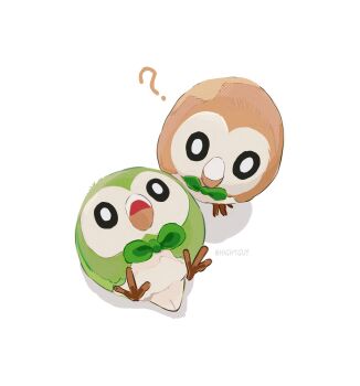 ? alternate_color artist_name beak ben-day_dots chinese_commentary closed_mouth commentary_request film_grain from_above gen_7_pokemon highres hightguy nintendo no_humans open_mouth pokemon pokemon_(creature) pokemon_focus rowlet screentones shadow shiny_pokemon simple_background talons white_background