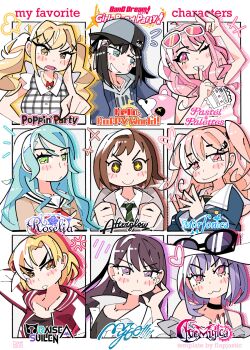 absurdres afterglow_(bang_dream!) animal_costume aqua_hair ave_mujica_(bang_dream!) bang_dream! bang_dream!_girls_band_party! bear_costume black_hair blonde_hair bourbunbun brown_eyes brown_hair commentary english_commentary eyewear_on_head green_eyes grey_eyes hair_ornament hairclip hanasakigawa_school_uniform haneoka_school_uniform hazawa_tsugumi hello_happy_world! highres hikawa_sayo hiromachi_nanami hood hoodie ichigaya_arisa maruyama_aya mascot_head morfonica mygo!!!!!_(bang_dream!) okusawa_misaki pastel_palettes_(bang_dream!) pink_eyes pink_hair poppin'party purple_eyes purple_hair raise_a_suilen roselia_(bang_dream!) sato_masuki school_uniform shiina_taki sweatdrop template tsukinomori_school_uniform twintails x_hair_ornament yuutenji_nyamu