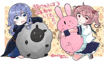 2girls apron blue_eyes blue_hair blue_skirt commentary_request gotland_(kancolle) hug hugging_doll hugging_object izumiyamisono kantai_collection long_hair multiple_girls pleated_skirt sazanami_(kancolle) sazanami_kai_(kancolle) school_uniform serafuku shirt skirt smile stuffed_animal stuffed_rabbit stuffed_sheep stuffed_toy translation_request waist_apron watermark white_shirt