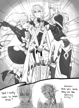 2boys 2koma 3girls ass blush bow butt_crack_outline camilla_(fire_emblem) comic elise_(fire_emblem) fire_emblem fire_emblem_fates fox_tail glasses hair_bow hair_ornament hair_over_one_eye hairclip hat jester_cap lithety long_hair looking_at_viewer male_corrin_(fire_emblem) monochrome multiple_boys multiple_girls nintendo one_eye_closed one_eye_covered scarlet_(fire_emblem) short_hair speech_bubble sweat tail takumi_(fire_emblem) twintails umbrella wavy_hair wink