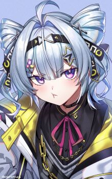 1girl angry blue_background chain grey_hair hair_ornament highres jacket jewelry kaohom503 necklace nijisanji nijisanji_en noise pout purple_eyes twintails virtual_youtuber zaion_lanza