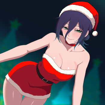 1girl absurdres belt black_belt blurry blurry_background breasts chainsaw_man choker christmas_tree cleavage closed_mouth dress fur-trimmed_dress fur-trimmed_headwear fur_trim green_eyes hair_between_eyes hair_bun hat highres large_breasts looking_at_viewer purple_hair red_choker red_dress red_hat reze_(chainsaw_man) rezelover25 santa_costume santa_dress santa_hat short_dress smile solo strapless strapless_dress