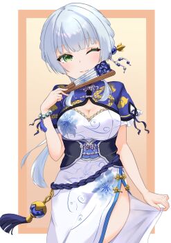 1girl ;) blush braid breasts china_dress chinese_clothes cleavage closed_mouth cowboy_shot dress folded_fan folding_fan green_eyes hair_ornament hand_fan highres holding holding_fan jewelry kashiwagi_saki kinakollll long_hair looking_at_viewer medium_breasts one_eye_closed ongeki short_sleeves smile solo striped_background