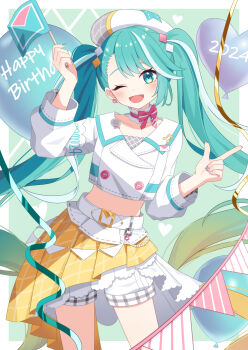 1girl aqua_eyes aqua_hair aqua_nails balloon belt beret blush bow collarbone cropped_jacket diamond_hair_ornament divergenceok happy_birthday hat hatsune_miku heart_balloon highres jacket long_hair long_sleeves looking_at_viewer magical_mirai_(vocaloid) magical_mirai_miku magical_mirai_miku_(2024) midriff navel official_alternate_costume official_alternate_hairstyle one_eye_closed open_mouth pink_bow pink_nails plaid_clothes pleated_skirt shorts shorts_under_skirt skirt smile solo twintails very_long_hair vocaloid white_belt white_hat white_jacket white_shorts yellow_skirt