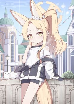 Rule 34 | 1girl, absurdres, against railing, alternate costume, alternate hairstyle, animal ears, bird, black jacket, black shorts, blonde hair, blue archive, blush, bright pupils, cityscape, closed mouth, collar tug, commentary request, cross halo, dot mouth, ear wreath, extra ears, flower wreath, foot out of frame, fox ears, fox girl, fox tail, gradient eyes, gym shirt, halo, high ponytail, highres, hot, jacket, jacket partially removed, kyouwashi, long-tailed tit, long hair, looking at viewer, multicolored eyes, multicolored jacket, open clothes, open jacket, outdoors, parted bangs, parted lips, partially unzipped, ponytail, railing, see-through clothes, see-through shirt, seia (blue archive), shirt, shorts, sidelocks, solo, sweat, sweaty clothes, tail, tit (bird), track jacket, two-tone jacket, very sweaty, wet, wet clothes, wet shirt, white jacket, white pupils, white shirt, yellow eyes, yellow halo