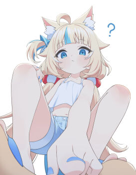 1girl ? ahoge animal_ear_fluff animal_ears blonde_hair blue_eyes blue_nails blue_streaks blunt_bangs camisole cat_ears crop_top denim denim_shorts fins fish_girl fish_tail from_below highres indie_virtual_youtuber lifebuoy_hair_ornament long_hair looking_at_viewer low_twintails midriff multicolored_hair nail_polish navel one_side_up pointing pointing_at_viewer sameko_saba sandals shorts sidelocks solo spaghetti_strap squatting streaked_hair tail twintails ugaaaa1 very_long_hair virtual_youtuber white_background white_camisole