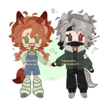 Rule 34 | 1boy, 1girl, :3, :d, adapted costume, animal collar, animal ears, animal feet, animification, artist name, bell, black gloves, black headband, black mask, black pants, black sweater, blue overalls, braid, canadian flag, chibi, chibi only, circle, collar, commentary, commission, couple, english commentary, ethoslab, fang, fox boy, fox ears, fox girl, fox tail, full body, fur-trimmed jacket, fur trim, geminitay, glasses, gloves, green collar, green eyes, green jacket, green socks, green sweater, grey eyes, grey hair, hand on own hip, hannnsh, headband, heart, hermitcraft, hetero, heterochromia, holding hands, jacket, jingle bell, kemonomimi mode, long hair, long sleeves, looking at viewer, loose socks, low twin braids, mask, minecraft youtube, mouth mask, no lineart, open clothes, open jacket, open mouth, orange hair, overalls, pants, red collar, red eyes, short hair, smile, socks, standing, striped clothes, striped socks, sweater, tail, twin braids, watermark