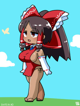 1girl agucala_(cookie) black_hair blue_necktie blue_sky blush bow breasts brown_eyes brown_hair bug butterfly cloud commentary_request cookie_(touhou) dark-skinned_female dark_skin dated day dress elbow_gloves frilled_bow frilled_hair_tubes frills full_body gloves hair_bow hair_tubes hakurei_reimu highres insect itini-sanshi large_breasts long_hair necktie open_mouth outdoors red_bow red_dress sideboob sideless_dress sidelocks sky solo standing touhou walking white_gloves yellow_butterfly
