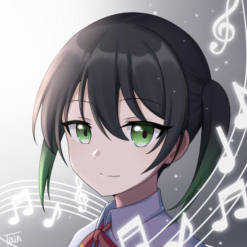 1girl absurdres beamed_sixteenth_notes black_hair bow closed_mouth collared_shirt commentary_request eighth_note gradient_background gradient_hair green_eyes green_hair grey_background hair_between_eyes highres love_live! love_live!_nijigasaki_high_school_idol_club multicolored_hair musical_note portrait quarter_note red_bow shirt signature smile solo takasaki_yu treble_clef txin_xin white_background white_shirt