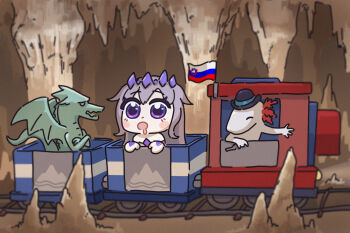 1girl bing_huyue blush_stickers cave chest_jewel chibi circlet dragon gem hair_flaps hand_jewel highres hololive hololive_english koseki_bijou locomotive long_hair mine_cart olm postojna_cave purple_eyes purple_gemstone railroad_tracks salamander slovenia slovenian_flag stalactite stalagmite train virtual_youtuber