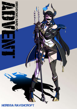 absurdres asymmetrical_horns asymmetrical_legwear bard black_hair black_sclera blue_hair breasts cleavage colored_inner_hair colored_sclera demon_horns feaurievladskov highres hololive hololive_english horns jacket long_hair multicolored_hair nerissa_ravencroft open_mouth shorts staff virtual_youtuber