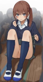 Rule 34 | 1girl, absurdres, black cardigan, black socks, blue socks, blush, brown hair, cardigan, closed mouth, collared shirt, convenient censoring, convenient leg, exhibitionism, flying sweatdrops, grey eyes, grey skirt, highres, kneehighs, knees up, kopaka (karda nui), long sleeves, looking ahead, no panties, on floor, original, pleated skirt, public indecency, puffy long sleeves, puffy sleeves, ribbed socks, shirt, shoes, side ponytail, sitting, skirt, skirt hold, socks, solo focus, sweatdrop, thighs, uwabaki, wavy mouth, white shirt, white shoes