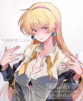 1girl blonde_hair bra bra_peek breasts brown_eyes character_name cleavage collared_shirt earrings gundam hairband hands_up jewelry katejina_loos large_breasts light_smile long_hair long_sleeves looking_at_viewer minakami_monaka off_shoulder partially_unbuttoned pink_hairband shirt solo sphere_earrings underwear upper_body victory_gundam white_shirt