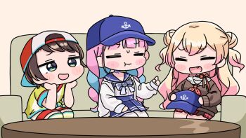 3girls :d :t anchor_symbol backwards_hat baseball_cap blonde_hair blue_bow blue_hair blue_hat blue_sailor_collar blue_skirt bow braid brown_background brown_hair brown_shirt chibi closed_eyes closed_mouth couch double_bun fang green_eyes hair_bun hand_up hat hololive index_finger_raised jacket long_hair long_sleeves low_twintails minato_aqua minato_aqua_(sailor) mochimiko momosuzu_nene momosuzu_nene_(casual) multicolored_hair multiple_girls on_couch oozora_subaru oozora_subaru_(1st_costume) open_mouth pantyhose pink_hair pleated_skirt pout puffy_long_sleeves puffy_sleeves red_bow red_skirt sailor_collar shirt short_sleeves shorts skirt sleeves_past_wrists smile striped_clothes striped_shirt striped_thighhighs thighhighs twin_braids twintails two-tone_hair two_side_up unworn_hat unworn_headwear vertical-striped_clothes vertical-striped_shirt very_long_hair virtual_youtuber wavy_mouth white_jacket white_pantyhose white_sailor_collar white_shirt white_shorts