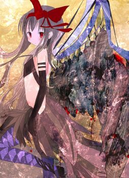 1girl 86thunder abstract_background akemi_homura akuma_homura argyle_clothes argyle_thighhighs bare_shoulders black_dress black_feathers black_hair black_sleeves blood blood_splatter blush bow breasts closed_mouth detached_sleeves dress feathered_wings feathers floating_hair from_side hair_bow highres knee_up looking_at_viewer looking_to_the_side mahou_shoujo_madoka_magica midriff purple_thighhighs purple_wings red_bow red_eyes small_breasts solo thighhighs wings yellow_background