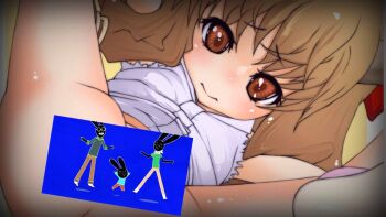 1girl animal_ears artist_request bad_tag barefoot bow brown_eyes brown_hair cat_ears commentary english_commentary full_body holding looking_at_viewer original purple_shirt red_bow red_eyes shirt source_request spread_legs toradora! white_background white_shirt yellow_background