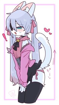 ! 1boy animal_ear_fluff animal_ears arrow_(symbol) bare_shoulders bell black_choker black_corset black_ribbon black_skirt black_thighhighs blue_eyes blue_hair blush bow cardigan cat_boy cat_ears cat_tail choker clothes_grab collared_shirt colored_tips commentary corset covering_crotch covering_privates cowboy_shot crossdressing crossdressing_(mtf) double-parted_bangs eyepatch fang flipped_hair frilled_shirt_collar frills from_side furrification furry furry_male garter_straps hair_between_eyes hair_bow heart highres jingle_bell lifted_by_tail long_hair long_sleeves male_focus microskirt multicolored_hair neck_bell neck_ribbon no_nose off_shoulder one_eye_covered op_na_yarou open_cardigan open_clothes open_mouth original panties pink_bow pink_panties pink_shirt quad_tails raised_inner_eyebrows red_hair ribbon rigel_(op_na_yarou) shirt side-tie_panties sidelocks simple_background skin_fang skirt sleeveless sleeveless_shirt solo standing straight_hair sweatdrop tail tail_raised thighhighs thighs trap underwear v_arms very_long_hair watermark white_background white_hair white_tail