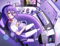 Rule 34 | 1girl, :3, absurdres, ahoge, black choker, bow, bowtie, chair, choker, collarbone, cup, desk, from above, gaming chair, glasses, hair between eyes, henya the genius, henya the genius (2nd costume), highres, kaminose (user veum4325), keyboard (computer), livestream, microphone, monitor, mouse (computer), pantyhose, purple hair, purple sailor collar, round eyewear, sailor collar, school uniform, shirt, short hair, sitting, sparkle, swivel chair, virtual youtuber, vshojo, white pantyhose, white shirt, yellow bow, yellow bowtie, yellow eyes