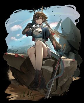 1girl :d absurdres arknights arknights:_endfield arm_cutout awr black_hair black_sleeves blue_gloves blue_jacket boots brown_boots chen_qianyu_(arknights) clothing_cutout commentary_request copyright_name cropped_jacket crossed_ankles dragon_girl dragon_horns dragon_tail full_body gloves grey_eyes hand_up highres holding holding_sword holding_weapon horns jacket long_hair long_sleeves looking_at_viewer open_clothes open_jacket open_mouth shirt sitting skirt smile solo sword tail twintails weapon white_shirt white_skirt