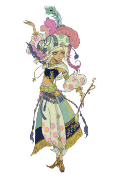 Rule 34 | 1girl, armpit peek, bags under eyes, bare shoulders, black shirt, blonde hair, braid, brown footwear, closed mouth, commentary, crop top, earrings, eleanor (ohmyeleanor), english commentary, feathers, final fantasy, final fantasy xiv, hat, highres, holding, holding paintbrush, jewelry, jitome, midriff, mole, mole under mouth, navel, necklace, paintbrush, pants, pictomancer (final fantasy), pink feathers, print headwear, print pants, puffy pants, shirt, simple background, solo, tan, twin braids, white background, yellow eyes