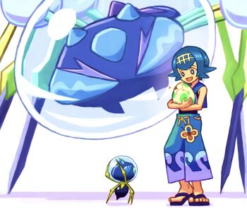 1girl 5xichi absurdres araquanid blue_eyes blue_hair blue_pants bright_pupils bubble bug commentary_request dewpider egg evolutionary_line flip-flops full_body gen_7_pokemon hairband hatching highres holding holding_egg lana_(pokemon) nintendo no_sclera open_mouth pants pokemon pokemon_(creature) pokemon_egg pokemon_sm sandals short_hair simple_background smile standing white_background white_pupils yellow_hairband