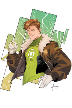 black_bodysuit bodysuit bomber_jacket brown_hair covered_abs dc_comics gloves green_bodysuit green_lantern green_lantern_(series) green_lantern_corps grey_bodysuit hal_jordan highres jacket large_pectorals looking_at_viewer male_focus multicolored_bodysuit muscular muscular_male pectorals power_ring_(green_lantern) short_hair smile superhero_costume two-tone_bodysuit white_gloves who_thehell_is
