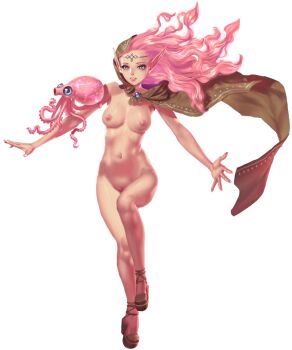 1girl artist_request blue_eyes breasts cape crystal_maiden_(series) earrings full_body game_cg groin jewelry long_pointy_ears long_sleeves meredith_(crystal_maidens) naked_footwear navel nipples nude octopus official_art open_hand pink_hair pointy_ears pussy solo transparent_background uncensored variant_set