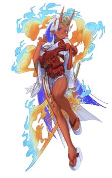 1girl absurdres blue_hair circlet colored_inner_hair colored_skin commentary flip-flops full_body highres horns japanese_clothes kimono long_hair looking_at_viewer multicolored_hair okobo oni original parted_lips platform_sandals pointy_ears purple_eyes red_oni red_skin ryoryo. sandals short_kimono skin-covered_horns solo two-tone_hair very_long_hair white_background white_hair white_kimono wide_sleeves