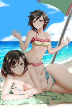 2girls beach bikini black_hair blue_bikini blue_sky breasts cleavage closed_mouth cloud collarbone covering_breasts covering_one_breast covering_privates day frilled_bikini frills gradient_hair grey_eyes grin hair_between_eyes highres kimmy77 kneeling large_breasts lotion lying medium_breasts mother_and_daughter multicolored_hair multiple_girls navel ocean on_side open_clothes outdoors parasol red_hair ruby_rose rwby shiny_skin short_hair sky smile summer_rose sunscreen swimsuit umbrella untied_bikini