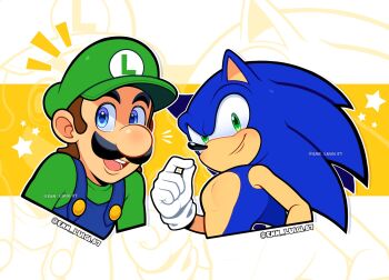 Rule 34 | 2boys, artist name, blue eyes, blue fur, blue overalls, closed mouth, enn luigi07, facial hair, furry, furry male, gloves, green eyes, green hat, green shirt, hat, hedgehog, highres, looking at viewer, luigi, male focus, mario (series), multiple boys, mustache, nintendo, open mouth, overalls, pointy ears, shirt, short hair, smile, sonic (series), sonic the hedgehog, star (symbol), upper body, white gloves