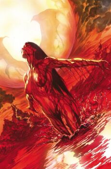 1girl alex_ross black_hair blood blood_on_arm blood_on_breasts blood_on_face blood_on_leg breasts closed_mouth completely_nude full_moon grin hashtag-only_commentary highres large_breasts long_hair moon navel nipples nude red_theme smile smoke solo vampire vampirella vampirella_(character) volcano