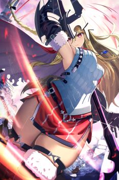 Rule 34 | 1girl, absurdres, arm up, black ribbon, blonde hair, blue gemstone, braid, breasts, commentary request, eiryu33, final fantasy, final fantasy brave exvius, fur trim, gem, hair between eyes, hair ribbon, highres, holding, holding polearm, holding weapon, jewelry, long hair, looking at viewer, medium breasts, miniskirt, necklace, polearm, red eyes, red skirt, ribbon, single braid, skirt, solo, thigh strap, thighhighs, very long hair, war of the visions: final fantasy brave exvius, weapon, zettai ryouiki