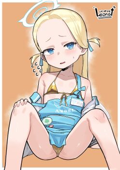 1girl absurdres apron bad_tag bikini blonde_hair blue_archive blue_eyes blush breasts female_focus forehead gold_bikini halo highres leonat loli long_hair looking_at_viewer micro_bikini orange_background shiny_clothes sitting small_breasts solo sora_(blue_archive) spread_legs sweat swimsuit thighs
