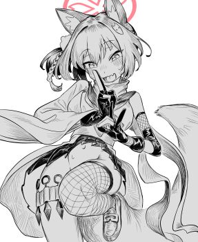 1girl absurdres animal_ears blue_archive blush cowboy_shot fang fishnet_thighhighs fishnets fox_ears fox_hair_ornament fox_tail frogsnake gloves greyscale halo highres izuna_(blue_archive) kunai leg_up looking_at_viewer monochrome navel no_panties open_mouth partially_fingerless_gloves scarf shoes short_hair simple_background single_thighhigh skin_fang smile solo spot_color tail thighhighs weapon white_background