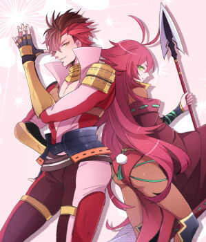 1boy 1girl antenna_hair brown_hair crossover dice drop_shadow fingerless_gloves gloves green_eyes historical_name_connection holding holding_dice holding_polearm holding_weapon kkkaaaayyy long_hair looking_at_viewer multicolored_hair name_connection pink_background polearm red_hair sengoku_basara sengoku_bushouki_muramasa shima_sakon_(sengoku_basara) shima_sakon_(sengoku_bushouki_muramasa) short_hair smile smirk spear two-tone_hair weapon yellow_eyes