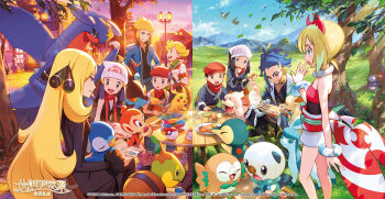 4girls 5boys :d :o adaman_(pokemon) akari_(pokemon) barry_(pokemon) basket beanie black_hair black_sclera black_shirt blanco026 blonde_hair blue_eyes blue_hair blue_jacket blue_kimono blue_pants blue_sky blush book building bush chimchar closed_eyes closed_mouth cloud colored_sclera commentary_request company_name copyright_name copyright_notice cyndaquil cynthia_(pokemon) dawn_(pokemon) day drifloon eating english_text eyelashes fangs flying food galaxy_expedition_team_survey_corps_uniform garchomp gen_2_pokemon gen_4_pokemon gen_5_pokemon gen_7_pokemon glaceon glameow grass green_scarf hat headscarf highres hisuian_growlithe hisuian_poke_ball hisuian_zorua holding holding_book holding_food irida_(pokemon) jacket japanese_clothes kimono lamppost leaf leafeon long_hair lucas_(pokemon) luxray mountain mountainous_horizon multicolored_hair multiple_boys multiple_girls nintendo official_art open_clothes open_jacket open_mouth orange_eyes oshawott outdoors pants piplup plate poffin poke_ball poke_ball_(basic) pokedex pokemon pokemon_(creature) pokemon_dppt pokemon_legends:_arceus poketch red_hat red_scarf red_sclera red_shirt rei_(pokemon) rowlet scarf sharp_teeth shirt short_hair shorts sitting sky smile split_screen standing starly starter_pokemon_trio striped_clothes striped_jacket sunlight table teeth tree turtwig two-tone_hair upper_teeth_only volkner_(pokemon) watch white_hat white_headscarf white_shorts wristwatch yellow_eyes