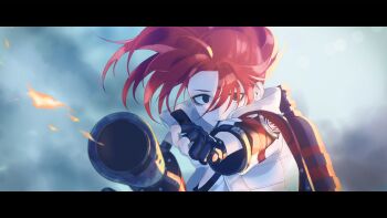 Rule 34 | 1girl, 3shine 02, absurdres, adriana rivera, asymmetrical bangs, black gloves, black survival, blue eyes, empty eyes, eternal return: black survival, eyebrows hidden by hair, fingerless gloves, fire, flamethrower, foreshortening, gas tank, gloves, highres, holding, holding flamethrower, holding weapon, jacket, letterboxed, official alternate costume, red hair, smoking pipe, smoking pipe in mouth, solo, tagme, upper body, weapon, white jacket