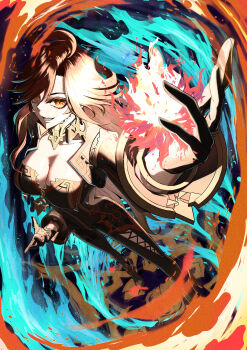 Rule 34 | 1girl, absurdres, biker clothes, bikesuit, black bodysuit, blonde hair, bodysuit, breasts, cleavage, closed mouth, collarbone, ear piercing, earrings, fire, full body, genshin impact, gold choker, highres, jewelry, large breasts, long hair, looking at viewer, marui8800, mavuika (genshin impact), piercing, red eyes, red hair, smile, solo, standing, teeth, very long hair, yellow eyes