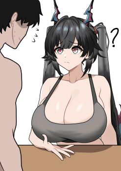 1boy 1girl ? absurdres alternate_breast_size_(larger) arknights arknights:_endfield bare_shoulders black_hair black_sports_bra boobs?_wanna_touch_boobs?_(meme) breasts chen_qianyu_(arknights) cleavage closed_mouth collarbone commentary dragon_girl dragon_horns dragon_tail grey_eyes hetero highres horns huge_breasts long_hair looking_at_another meme simple_background solo_focus sports_bra tail twintails upper_body very_long_hair white_background witchrosemary