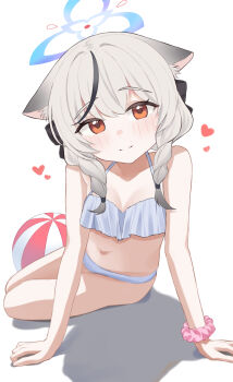 1girl absurdres alternate_costume animal_ears ball beachball bikini black_hair blue_archive blue_halo blush braid breasts closed_mouth frilled_bikini frills grey_hair halo heart highres kokona_(blue_archive) loli looking_at_viewer multicolored_hair navel orange_eyes pink_scrunchie scrunchie simple_background sitting small_breasts smile solo soujou_motona streaked_hair swimsuit tiger_ears tiger_girl twin_braids white_background wrist_scrunchie yokozuwari