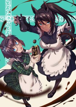 2girls absurdres animal_ears apron aqua_eyes black_dress black_footwear black_hair black_pantyhose blue_eyes box braid braided_ponytail breasts chocolate closed_mouth clothing_cutout coffee coffee_mug coffee_pot crown_braid cup dark-skinned_female dark_skin dress glasses green_dress highres holding holding_box holding_cup horse_ears horse_girl horse_tail long_hair long_sleeves looking_at_viewer maid_apron medium_breasts mug multiple_girls open_mouth pantyhose plaid_clothes plaid_dress ponytail sugamo_(rainysnowy108) sweatdrop symboli_kris_s_(umamusume) tail tail_through_clothes umamusume zenno_rob_roy_(umamusume)