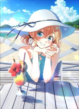 1girl bare_shoulders beach blonde_hair blue_eyes blue_shirt cocktail_glass criss-cross_halter crossed_bangs cup drinking_glass drinking_straw elbow_rest elbows_on_table flower hair_between_eyes halterneck hat hat_ribbon hibiscus highres kanojo_okarishimasu light_particles nail_polish nanami_mami ocean official_art outdoors own_hands_together parted_lips promotional_art ribbon shirt short_twintails sitting sky sleeveless sleeveless_shirt smile solo sun_hat table twintails upper_body white_hat yellow_nails