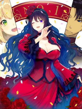 1boy 2girls black_choker black_hair blonde_hair blue_eyes blue_hair breasts choker cleavage closed_mouth collarbone commentary_request confetti constance_grail dress eris_no_seihai flower frilled_sleeves frills green_eyes hair_flower hair_ornament highres large_breasts long_hair long_sleeves looking_at_viewer multiple_girls one_eye_closed open_mouth purple_eyes randolph_ulster red_dress red_flower red_rose rose scarlet_castiel second-party_source short_hair smile very_long_hair wide_sleeves yuunagi_(seventh_heaven)