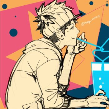 1boy crazy_straw cup drinking_straw hood hoodie looking_at_another male_focus male_protagonist_(pokemon_go) multicolored_background nintendo pokemon pokemon_go shared_drink short_hair sitting smile solo twitter_username visor_cap watari_yuu_(haskey)