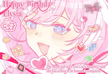 1girl chinese_commentary commentary_request earrings elf elysia_(hi_love_elf)_(honkai_impact) elysia_(honkai_impact) english_text flower happy_birthday heart heart_earrings highres honkai_(series) honkai_impact_3rd ice ice_cube jewelry leaf multicolored_hair open_mouth pink_hair pointy_ears portrait purple_eyes smile solo two-tone_hair white_hair william_(lofter_895662039091) yin_yang